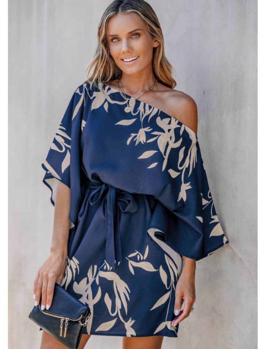 One-Shoulder Navy Blue Floral Dress with Tie Waist